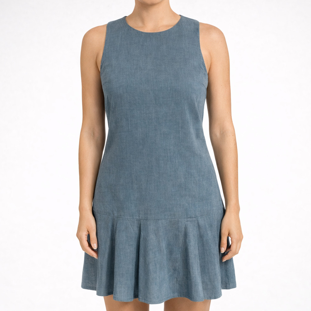 Alice + Olivia Elida Chambray Drop Waist Dress Size 12 NWT Blue Flounce Hem